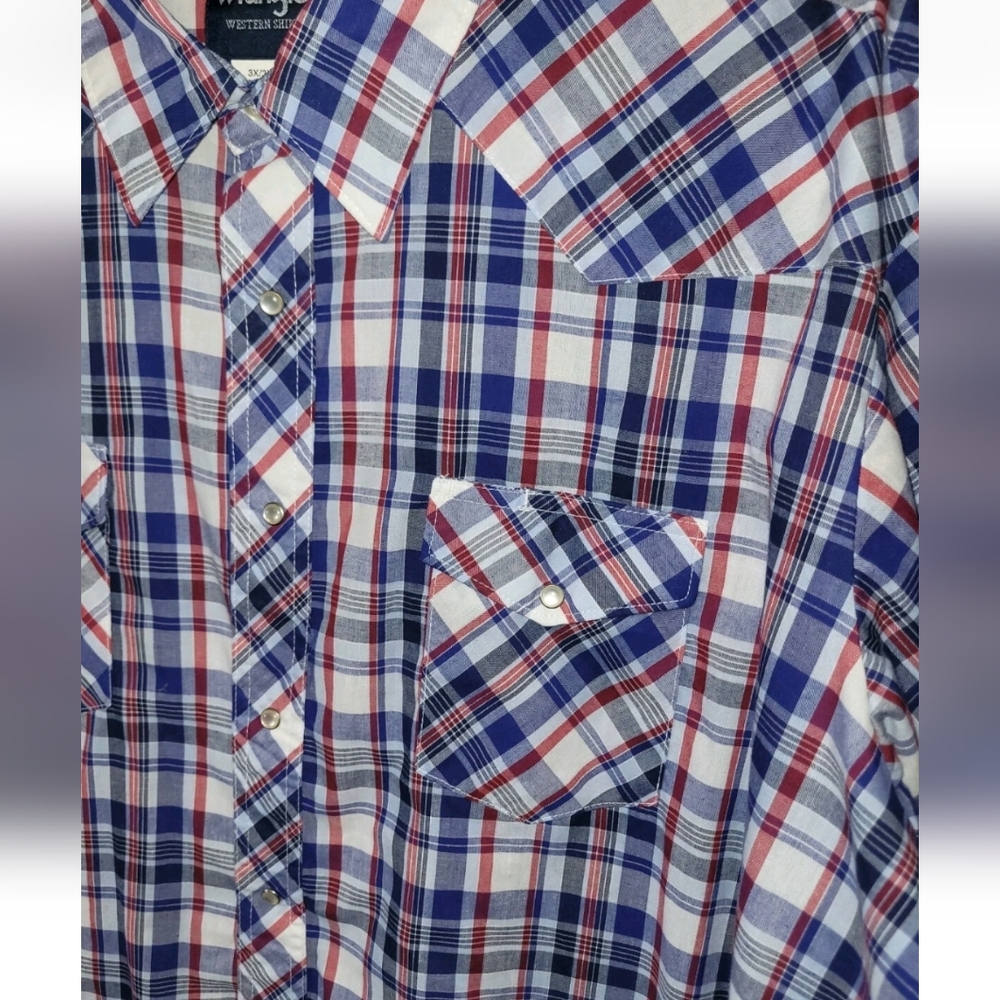 Wrangler Western Shirt Mens Size 3X Pearl Snaps Blue Red Plaid Short Sleeves 3XL - Picture 5 of 6
